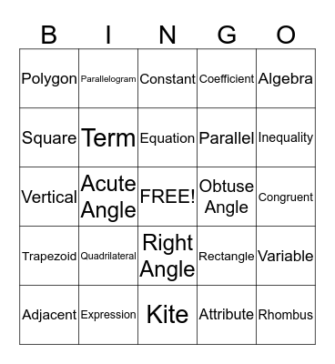 Math Vocabulary Bingo Card