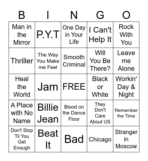 Michael Jackson BINGO- Name that Tune! Bingo Card