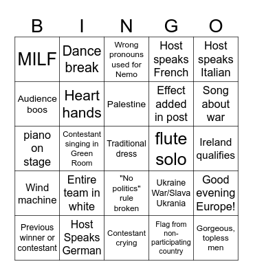 Eurovision Bingo Card