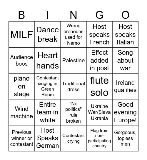 Eurovision Bingo Card