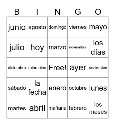 Meses y días Bingo Card