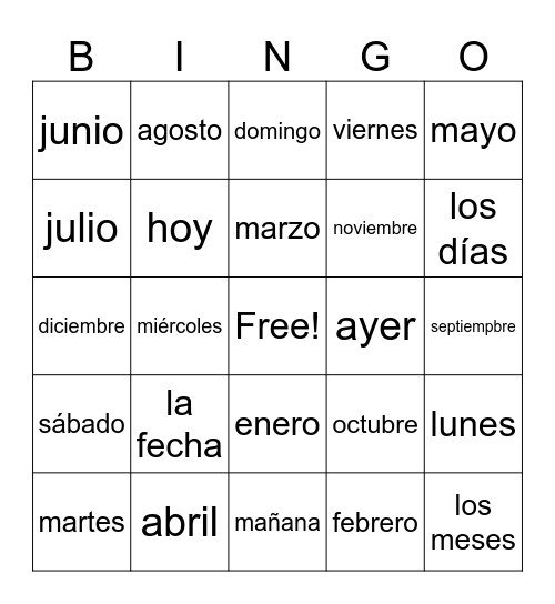Meses y días Bingo Card