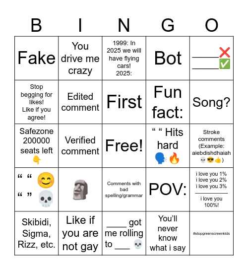 youtube shorts comment bingo Card