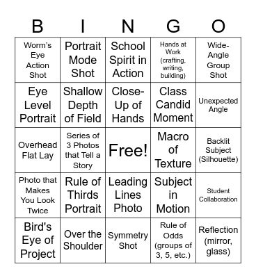 Yearbook Photography Bingo Card