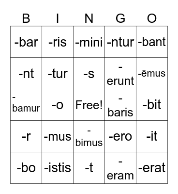 Latin Verb Endings Bingo Card