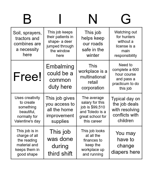 Senior Job Shadow Showcase Bingo Card
