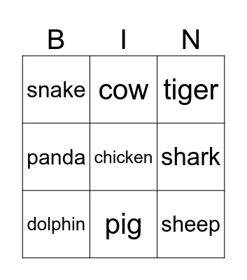 Animal Bingo Card