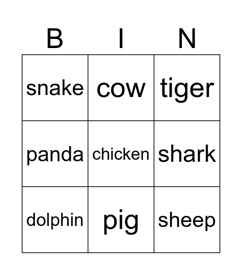 Animal Bingo Card