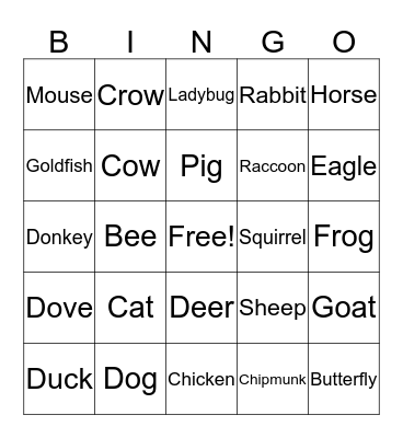 I Love Animals Bingo Card