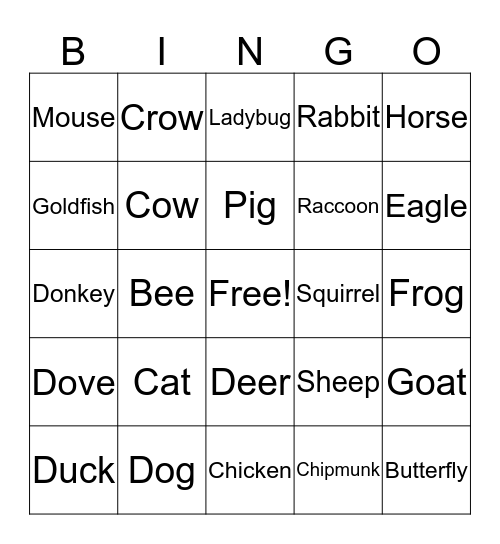 I Love Animals Bingo Card