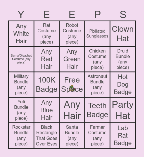 Yeeps Cosmetics Bingo Card
