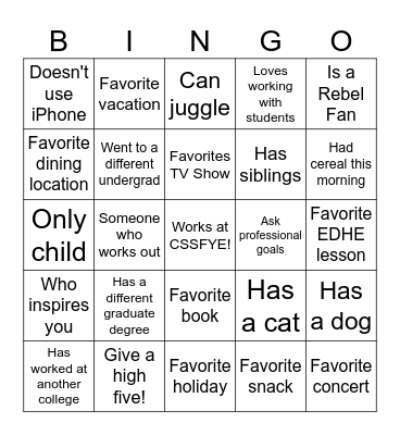 Friendship Bingo Card