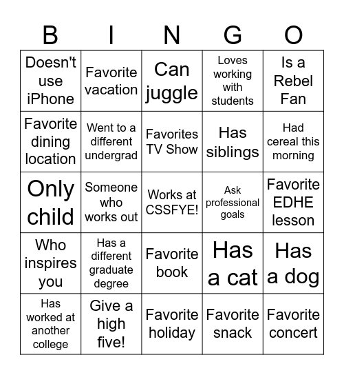 Friendship Bingo Card