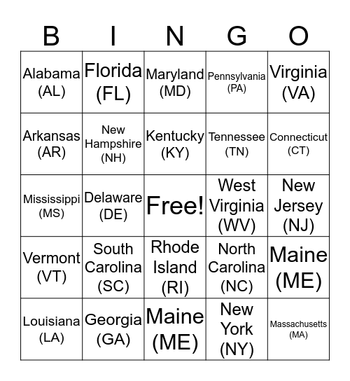 State Bingo Card