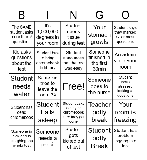 Exam Proctoring Bingo Card