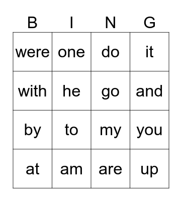 sight words Bingo Card