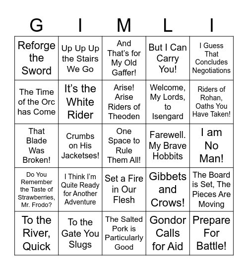 Return of the King Bingo Card