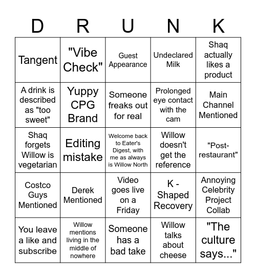 Eater's Digest? More like Drinker's Regret Bingo Card