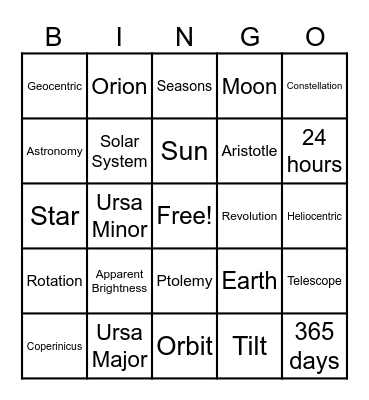 Earth and Space Review Vocab Bingo Card