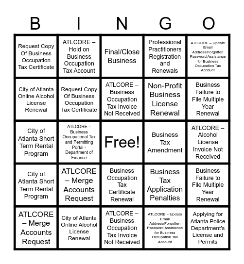 Department of Finance Bingo Card