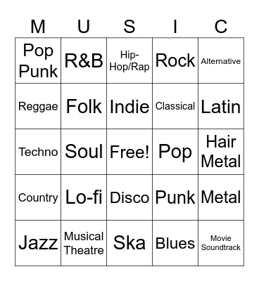 Music Genre Bingo Card