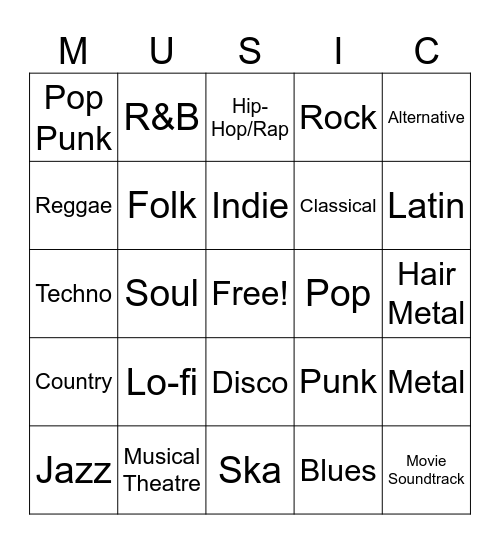 Music Genre Bingo Card