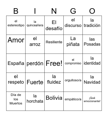 SHH Spanish Bingo Card