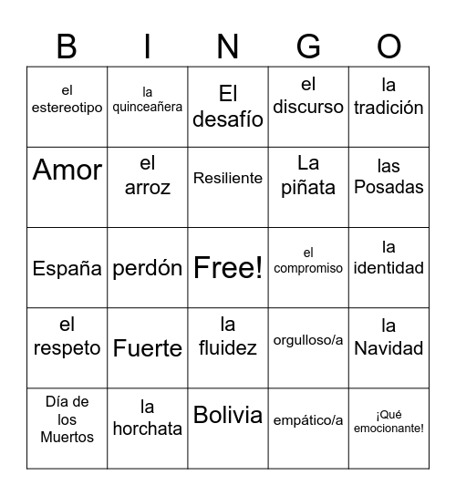 SHH Spanish Bingo Card