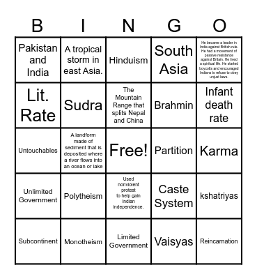 South Asia Bingo Card