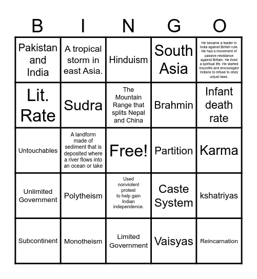 South Asia Bingo Card