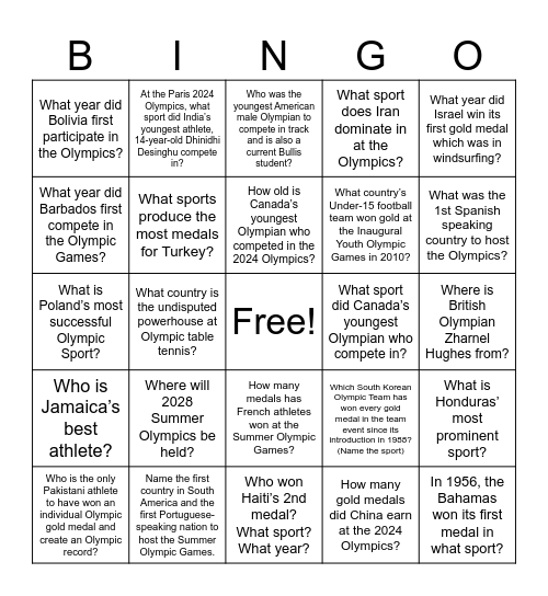 Global Village:    Olympic Tour of Nations Bingo Card