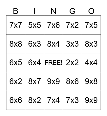 Multiplication Bingo Card