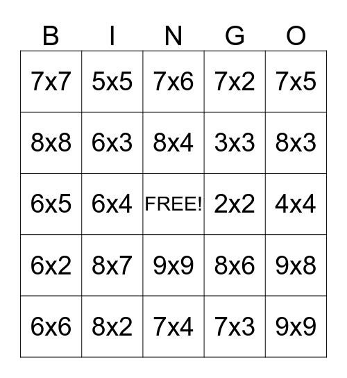 Multiplication Bingo Card