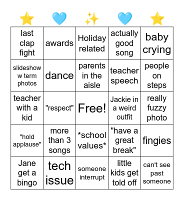 T1 Yr 10 Assembly Bingo Card