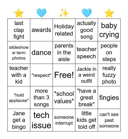 T1 Yr 10 Assembly Bingo Card