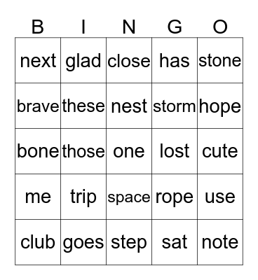Spelling Bingo Card