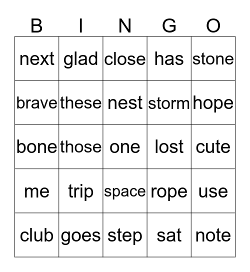 Spelling Bingo Card