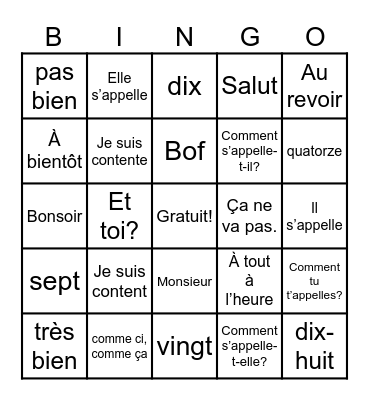 French Bingo Cards Bingo Card