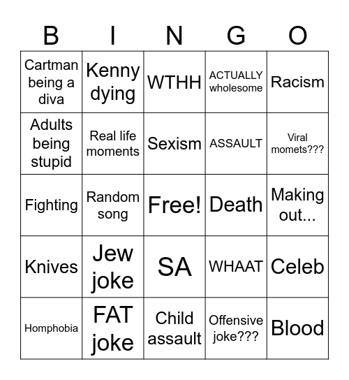 South Park bingo Card