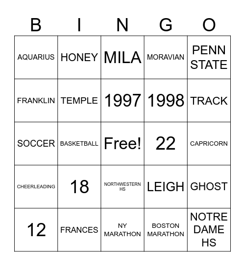 SHANIA Bingo Card
