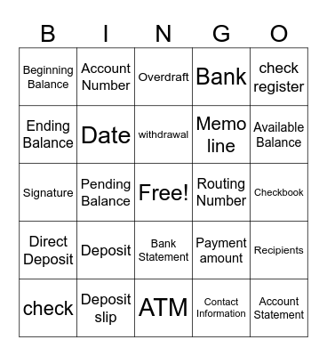 Checking Account Bingo Card