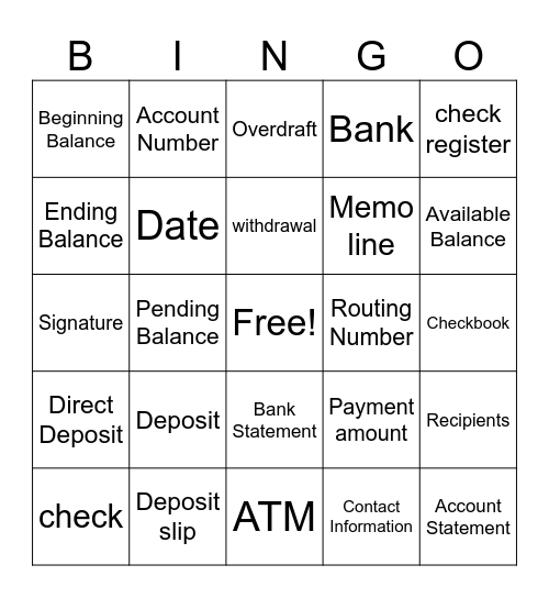 Checking Account Bingo Card