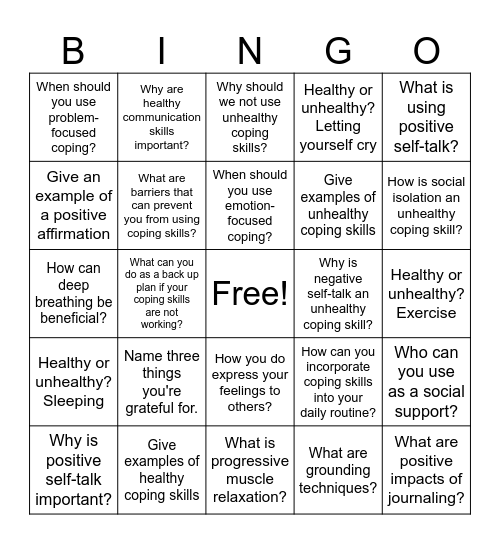 Coping Skills Bingo Card
