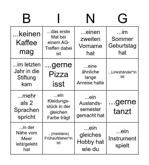 Kennenlern-Bingo (Finde eine Person, die...) Bingo Card