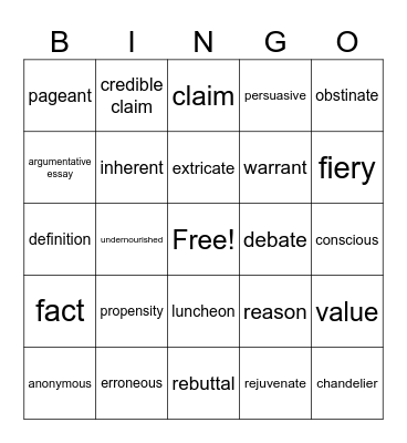 Argumentative Terms and Week 24 Spelling Words Bingo Card