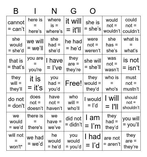 Contractions Bingo Card