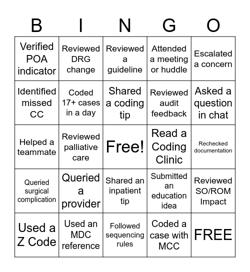 2025 HIP Coding Team - Inpatient Bingo Card