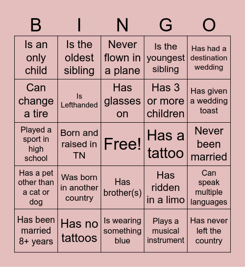 Brackins's Bridal Bingo Card