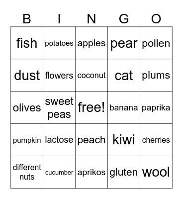 Allergy Bingo Card