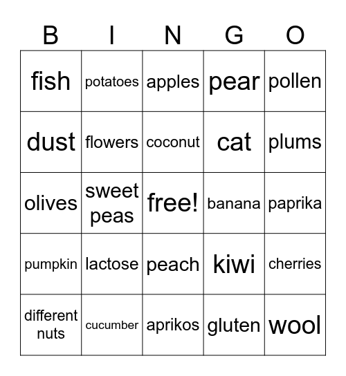 Allergy Bingo Card
